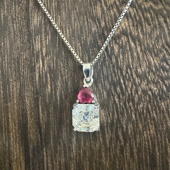Vintage BBJ Strontium Titanate & Ruby Rhodium Over Sterling Pendant Necklace - Picture 5 of 11